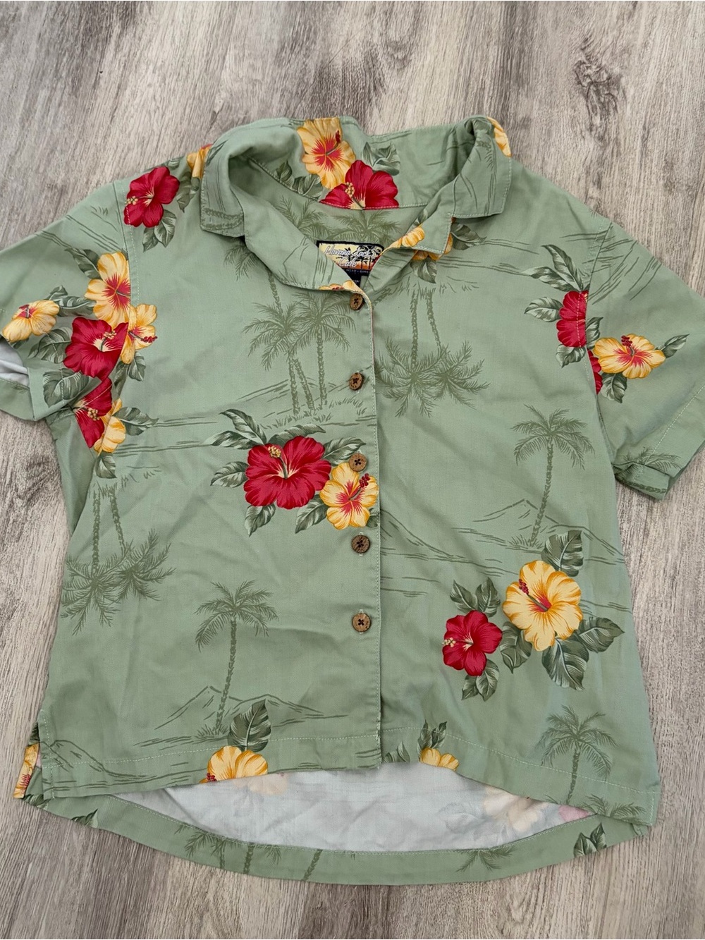 Havana Jacks Cafe Hawaiian Floral Button Shirt Womens L Green Beach Vacation